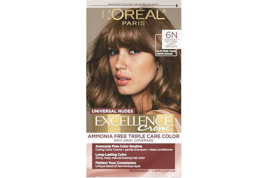 L’Oreal Paris Excellence Universal Nudes Permanent Hair Color, Ammonia Free Hair Dye for Gray Hair Coverage, 6N Natural Light Brown, 1 Hair Dye Kit
