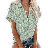 Rapbin Women's Button Down Shirt Short Sleeve Casual Blouse Shirts V Neck Collared Tops