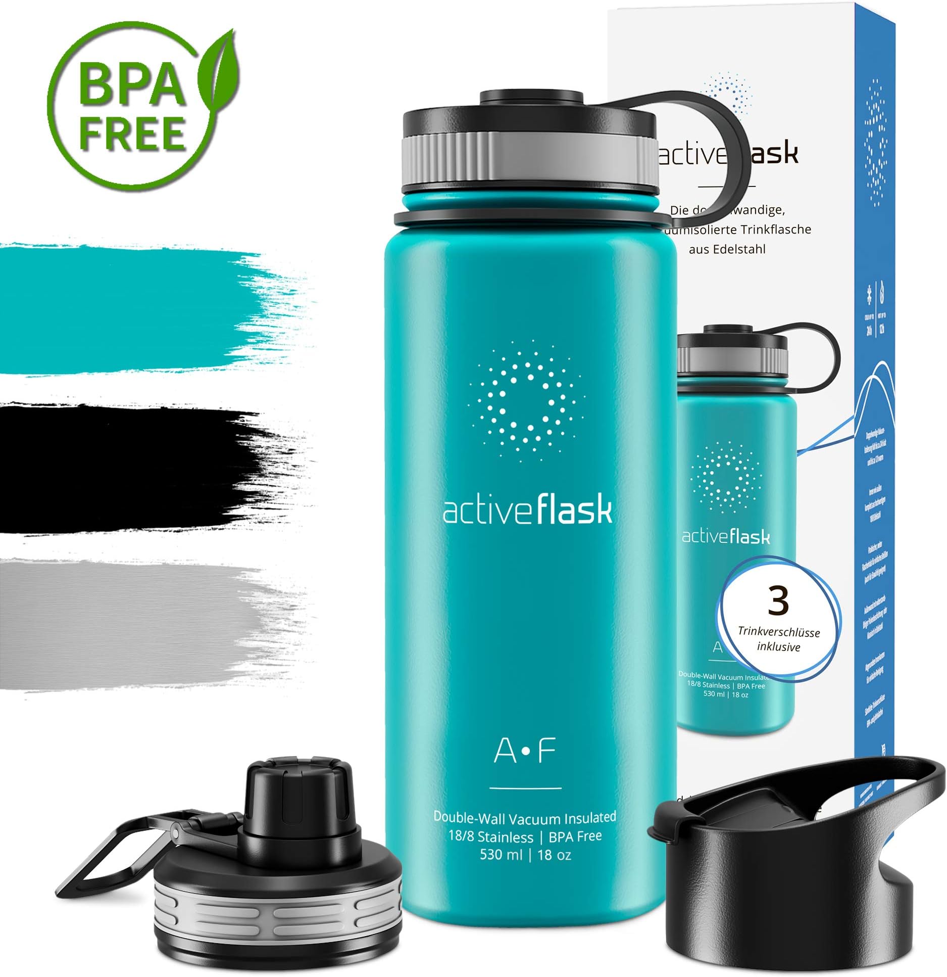Water bottle ACTIVE FLASK + 3 Drink Lids | BPA–free | 1 & 0,5 l | Stainless Steel, Vacuum Insulated Thermo Drinking Mug | For the Office, Sports, Gym, Camping, Workout | Hot & Cold | Coffee & Tea