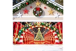 LEKETOO Christmas Garage Door Cover Decoration with Installation Instruction, Adhesive Hooks and Rope, 16 x 7 ft Large Fabric Candy Cane Xmas Garage Door Banner Covering Mural Backdrop Background