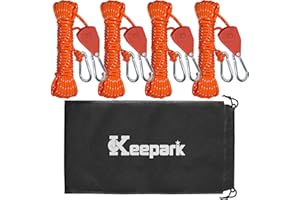 KEEPARK Camping Rope Tarp Tie Down Ropes with Ratchet System, Pulley & Reinforced Metal Gear - Heavy Duty Adjustable Guy Lines for Canopy Tent, Quick Setup Outdoor Strap (1/6-Inch Diameter x 16 Feet Long)