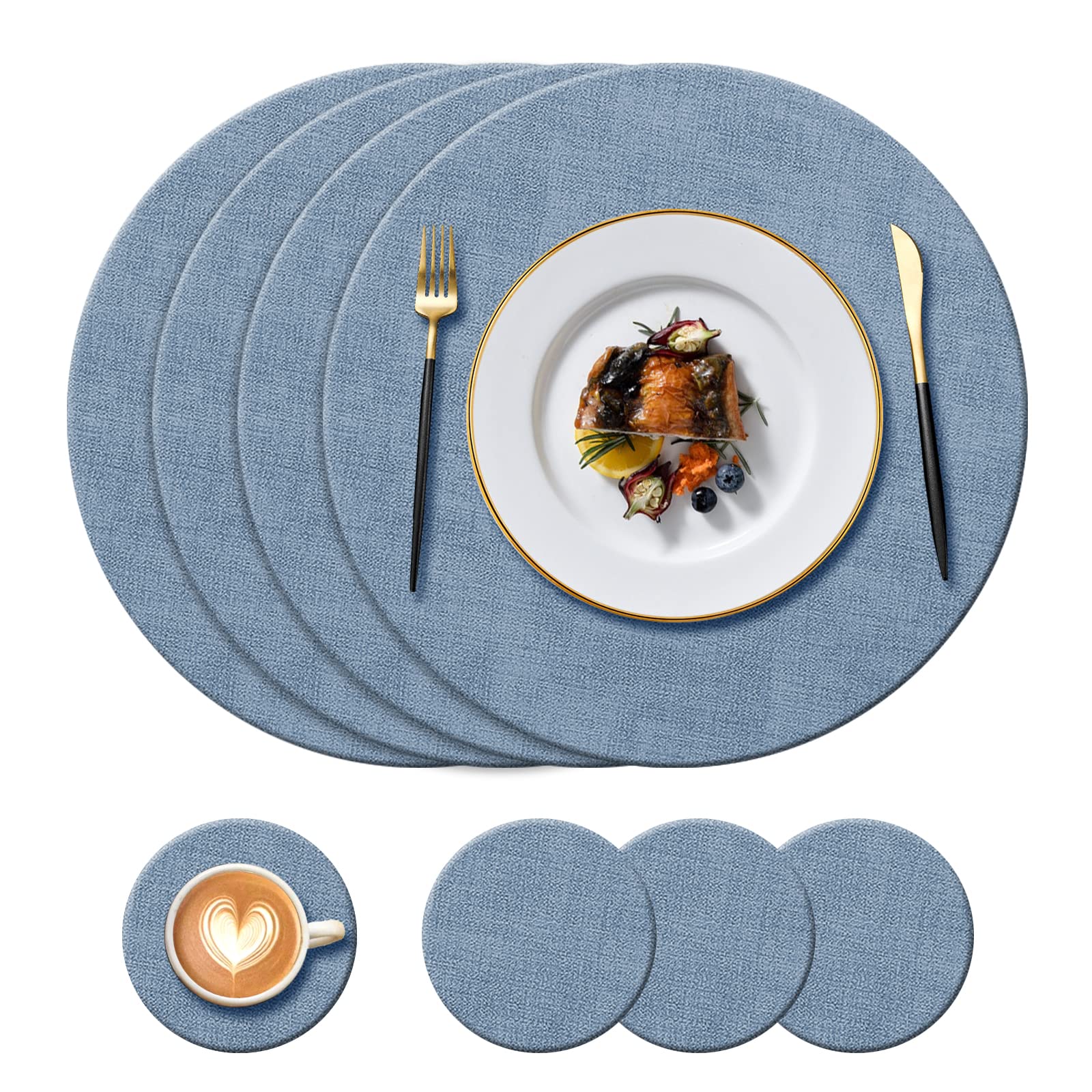 KERYCHIN Round Leather Place mats and Coasters Set, Heat-Resistant 212 °F, Non-Slip and Waterproof, Easy to Clean, PU Table Mats for Kitchen, Home, Restaurant, Dining Table, 8 Pieces (Blue)