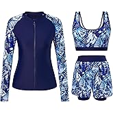 Cagola Rash Guard for Women 3 Piece Swimsuits Long Sleeve Bathing Suit with Boyshorts and Bra Ladies Swim Over 50 UPF 50+