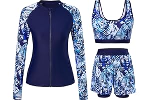 Cagola Rash Guard for Women 3 Piece Swimsuits Long Sleeve Bathing Suit with Boyshorts and Bra Ladies Swim Over 50 UPF 50+