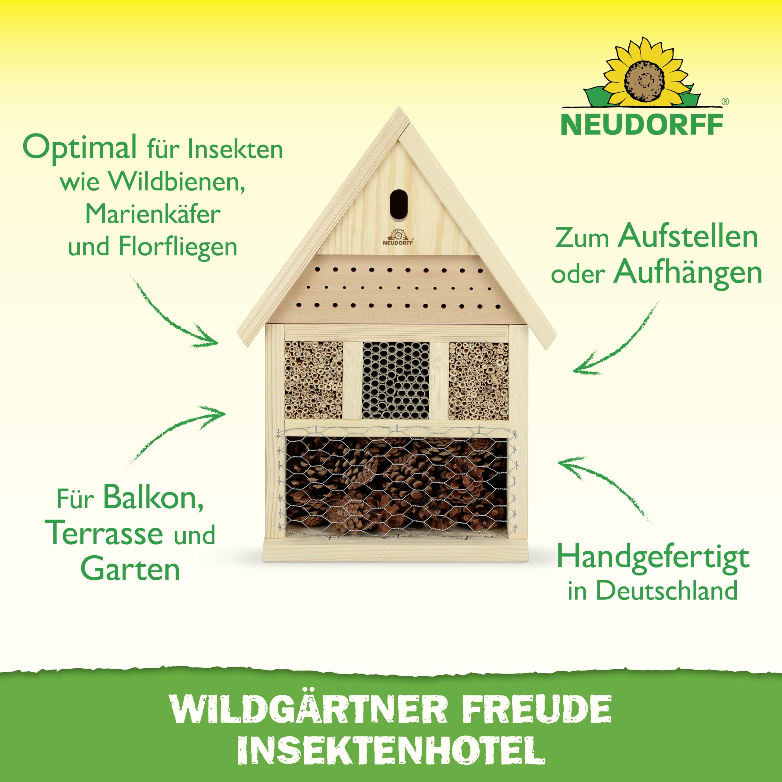 Neudorff Wildgärtner Freude Insektenhotel – Handgefertigte und unbehandelte Nisthilfe für Insekten wie Wildbienen, Marienkäfer und Florfliegen, 1 Stück 2