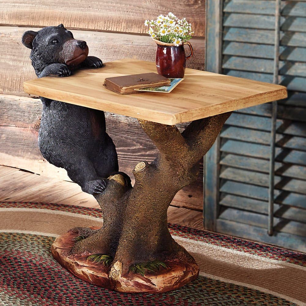 Amazon Com Black Forest Decor Black Bear Climbing Accent Table Rustic Wood Side Stand For Living Room Patio Or Kitchen Home Kitchen