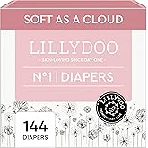 LILLYDOO Baby Diapers - Size 1 (4+ lbs), Monthly Supply (144 Count), Leak Protection, Skin-Friendly, Ultrasoft, Perfume- & Chlorine-Free, Hypoallergenic, Dermatologist Tested, Oeko-TEX®