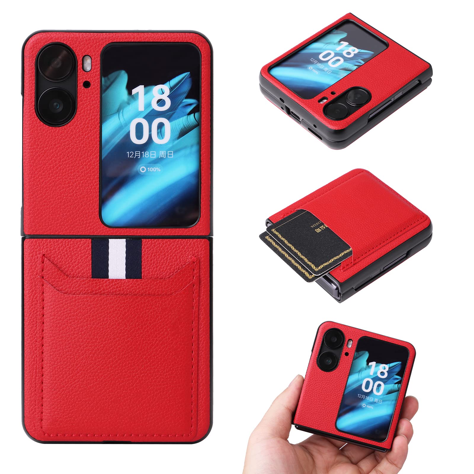 COQUE Suitable for Oppo Find N2 Flip phone case, Oppo Find N2 Flip lychee pattern card slot phone case(Red)