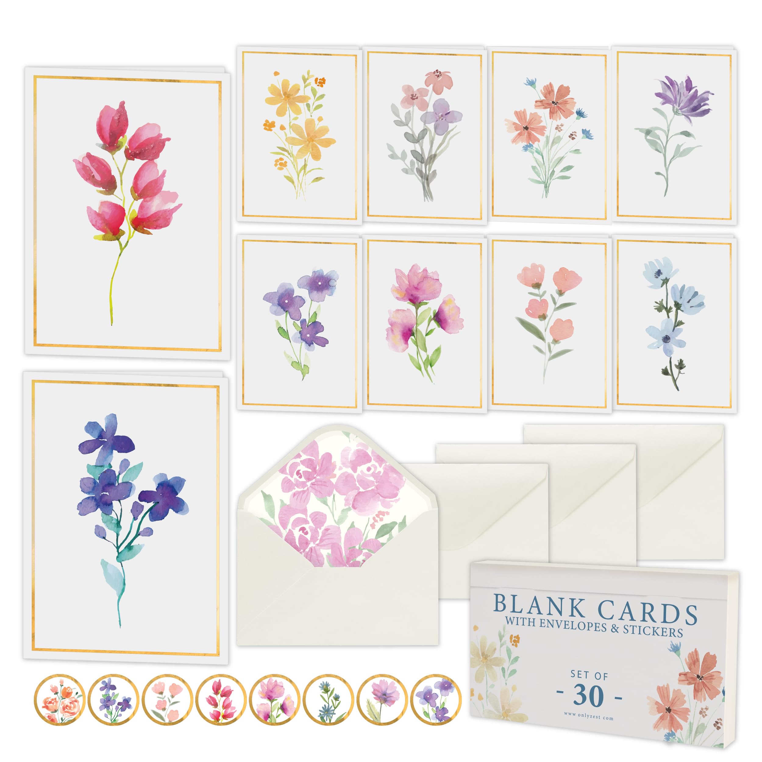 Photo 1 of Only Zest 30 Pack Blank Cards and Envelopes - 4 x 6 Inch Floral Greeting Cards for Encouragement, Stationery Set for All Occasions, Blank Note Cards with 10 Unique Designs