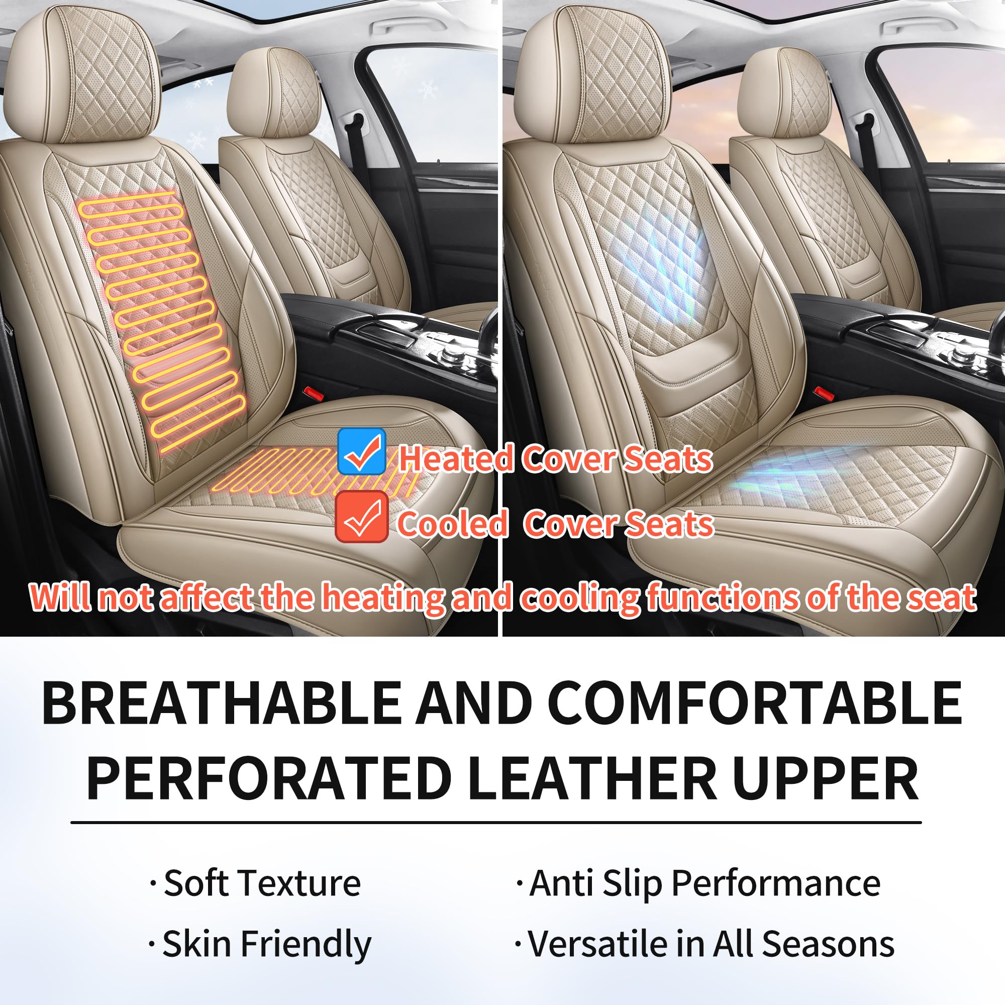 Chezope Automotive Car Seat Covers Front Pair Set Universal Fit for Most Cars SUV Sedans Trucks Waterproof Leatherette Car Seat Covers Accessories (Beige, Front Pair Beige)