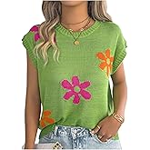 SweatyRocks Women's Cap Sleeve Floral Short Sleeve Sweater Crew Neck Casual Knit Pullover Tops