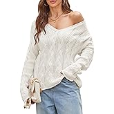 Cakulo Womens Oversized V Neck Off The Shoulder Sweaters Cable Knit Pullover Fall Sweater 2025
