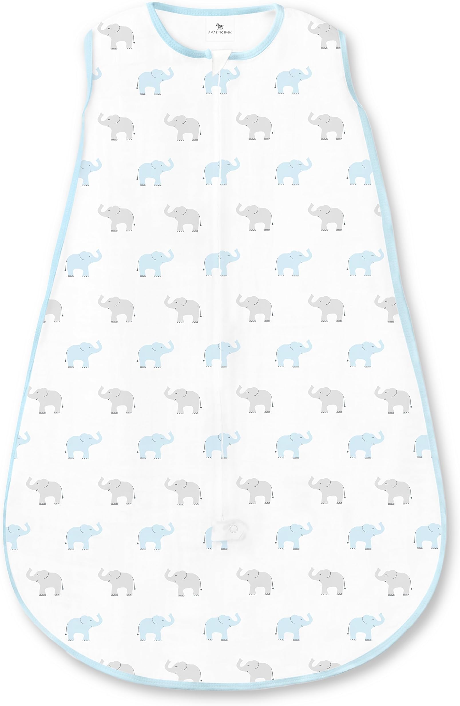 Amazing Baby Cotton Sleeping Sack, Wearable Blanket with 2-way Zipper, Pastel Blue + Gray Tiny Elephants, Large (12-18mo)
