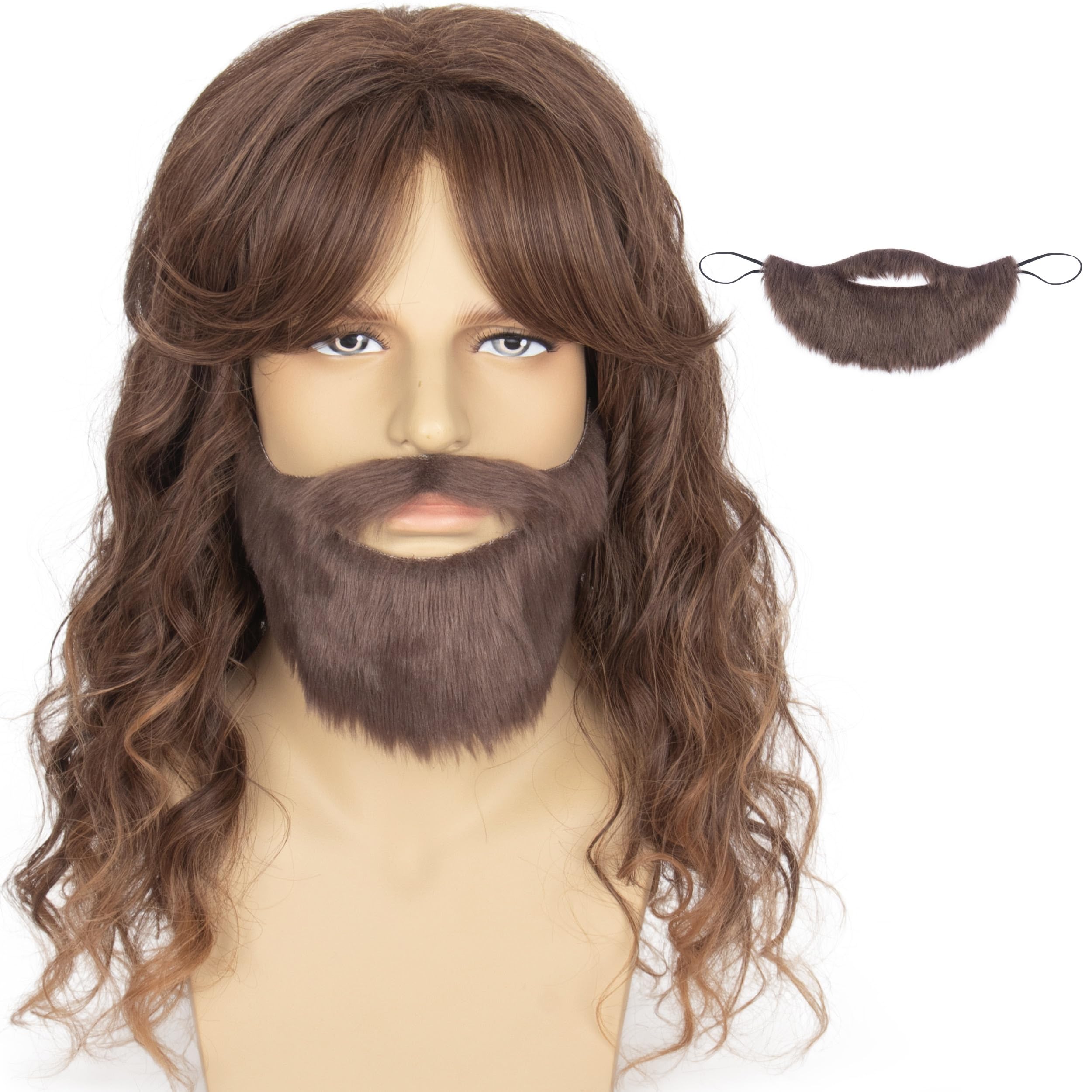 Photo 1 of Yan Dream Long Curly Gradient Brown Wig and Bangs with Fake Beard Set for Men Cosplay Halloween