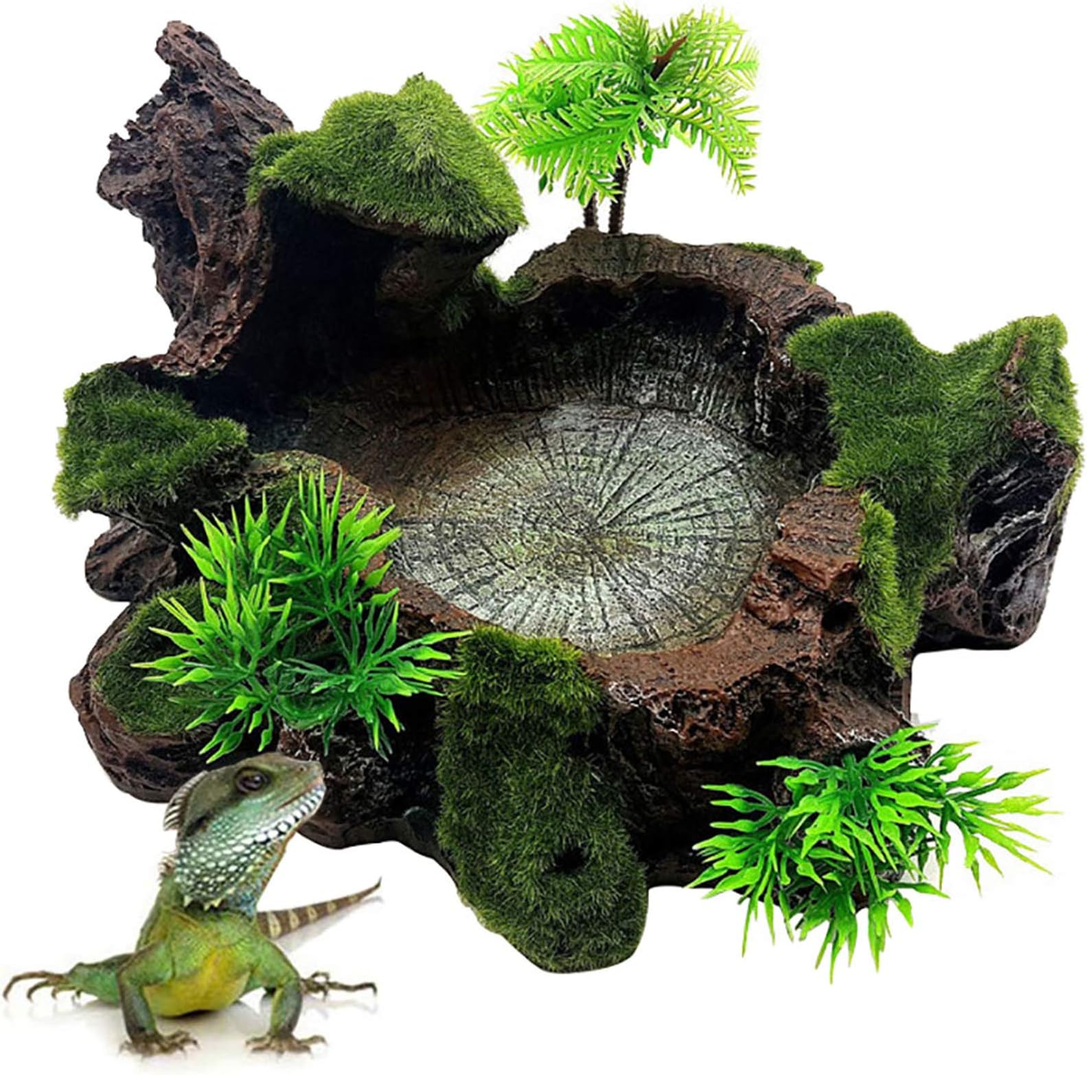 Hamiledyi Reptile Tank Decor Resin Reptile Platform with Artificial Plants Reptile Water Dish Food Bowl Reptile Feeding Dish for Lizard Small Turtle Gecko Water Frog Snake Amphibian Crawling Platform