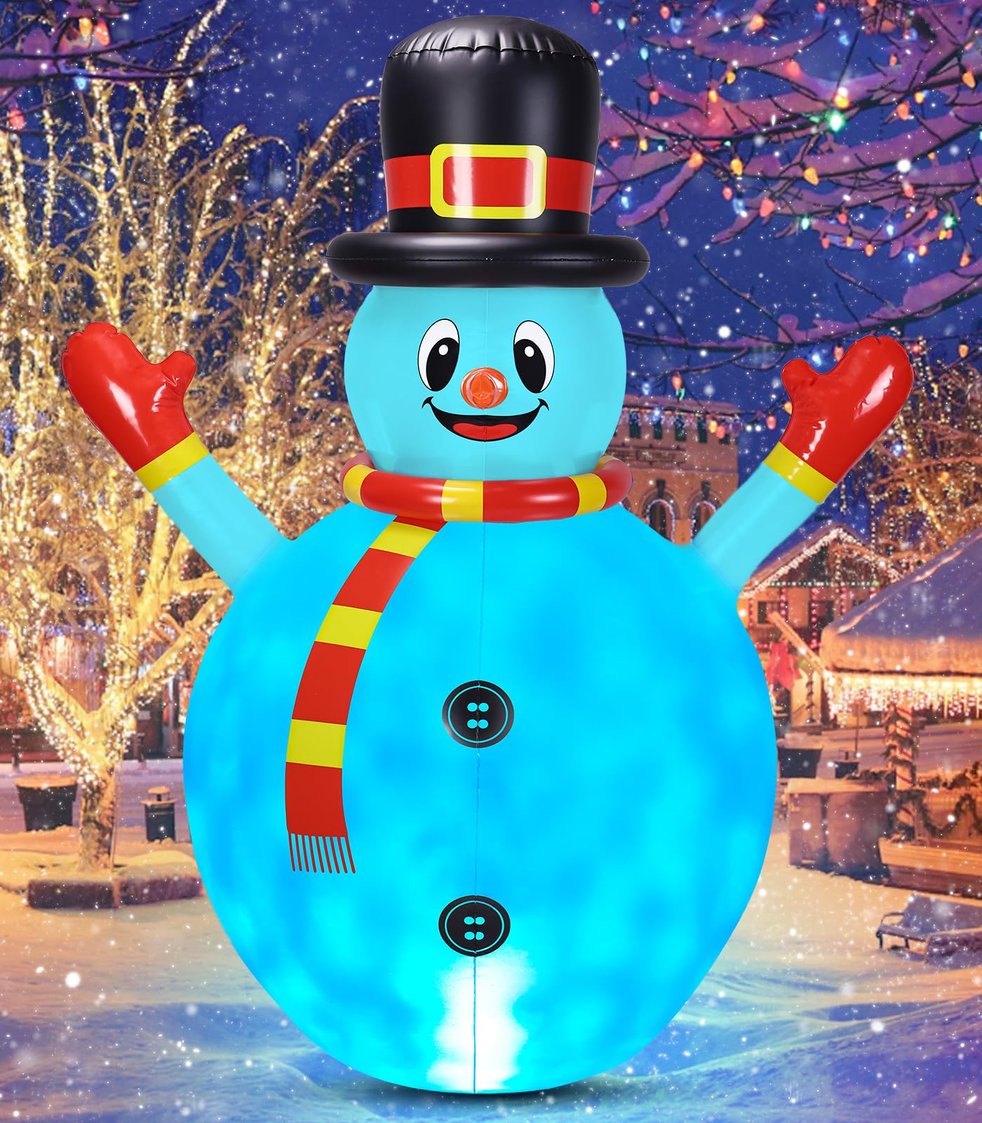 Photo 1 of JOSEN 5.3FT Christmas Inflatables Snowman Outdoor Decorations, Blow up Snowman Christmas Yard Decorations, Built-in Bright Colorful LEDs for Garden Patio Lawn Indoor Party Xmas Gifts