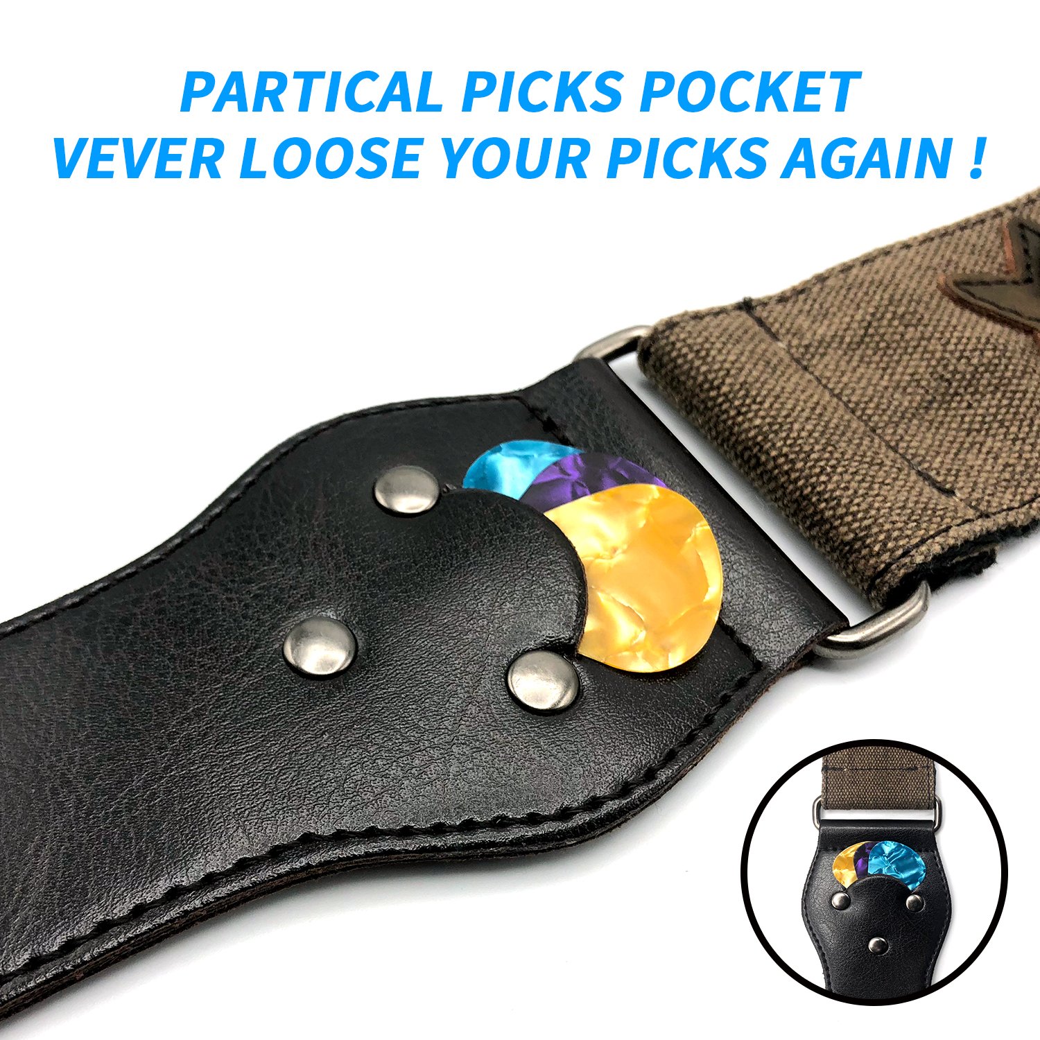 Kormest Adjustable Guitar Straps Acoustic - Denim Style With Leather Ends for Electric Bass Ukulele Including Guitar Capo+Safety Locks+Picks (Coffee,2\'\')