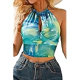 MSVLDR 2026 Women's Summer Halter Top V Neck Print Sleeveless Tie Back Mesh Backless Crop Camisoles Tops