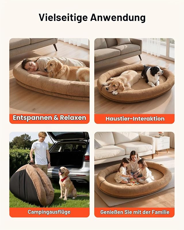 Hundebett für Menschen & Hunde, 177x123x24cm, Memory-Schaum-Hundebett in Menschengröße, mit Seitentasche, Griff & Reißverschluss, Abnehmbarer, maschinenwaschbarer Bezug, Kurzflor, braun