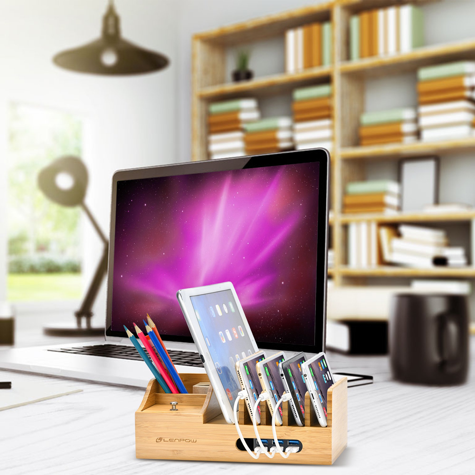 Charging Station,Firstbuy Bamboo Charging Dock Multi Device Charging Stand Cable Cords Desktop Organizer,Compatible with Most of the 4/5/6 Port USB Charger for Smartphones and Tablets