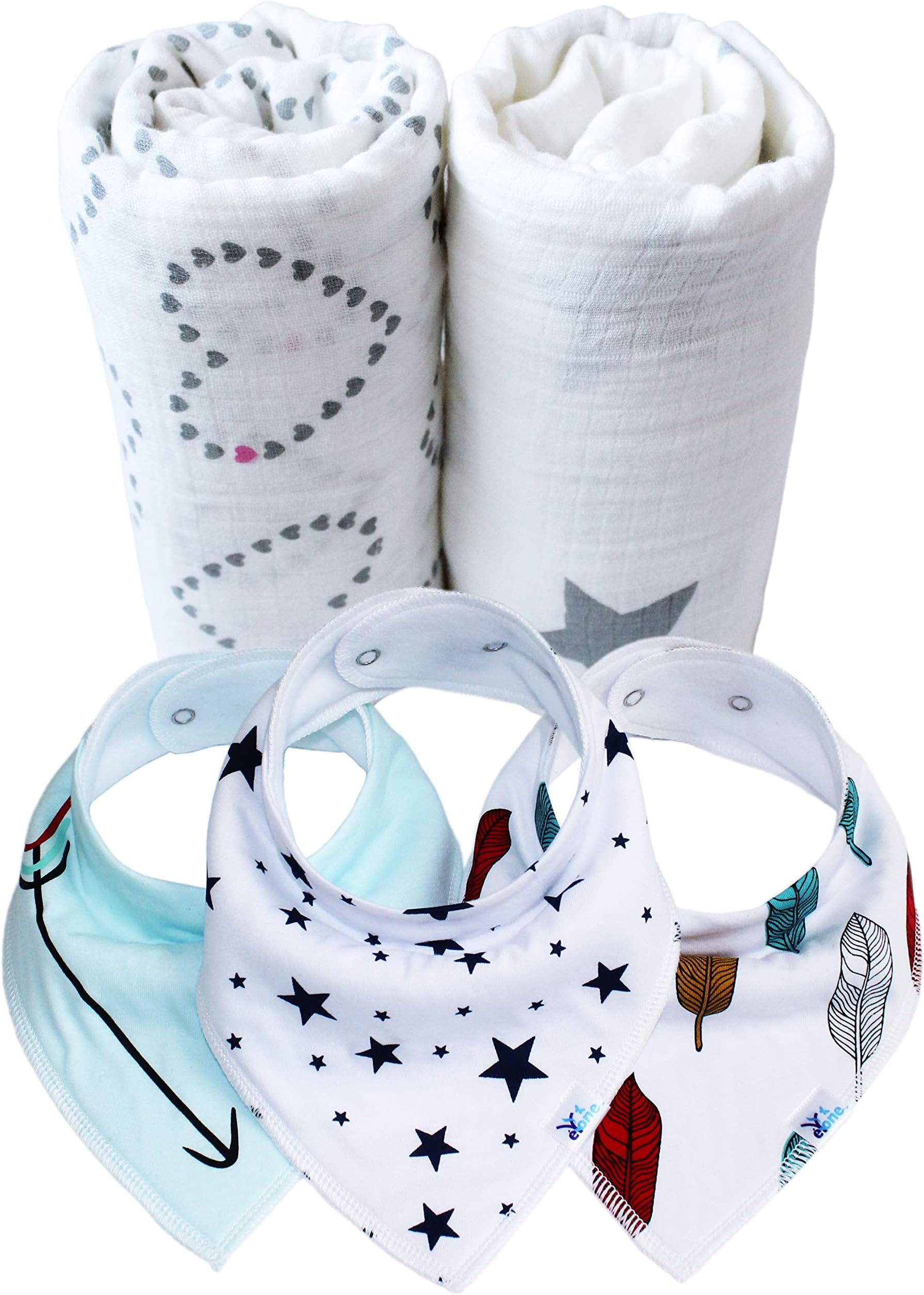 eYoneBoys & Girls Unisex 100% Cotton Baby Muslin Swaddle Blanket Set Newborn Essentials (3 x Bandana Bibs, 2 x Muslin Squares Swaddle)