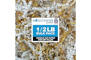 MagicWater Supply - 1/2 LB - White & Gold - Crinkle Cut Paper Shred Filler great for Gift Wrapping, Basket Filling, Birthdays, Weddings, Anniversaries