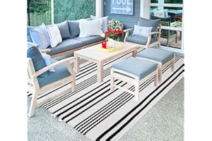BUAGETUP Black and White Striped Outdoor Patio Rug 4' x 6',Hand Woven Cotton Patio Rug Front Porch Rug Indoor Outdoor Area Rug for Bedroom/Living/Room/Patio
