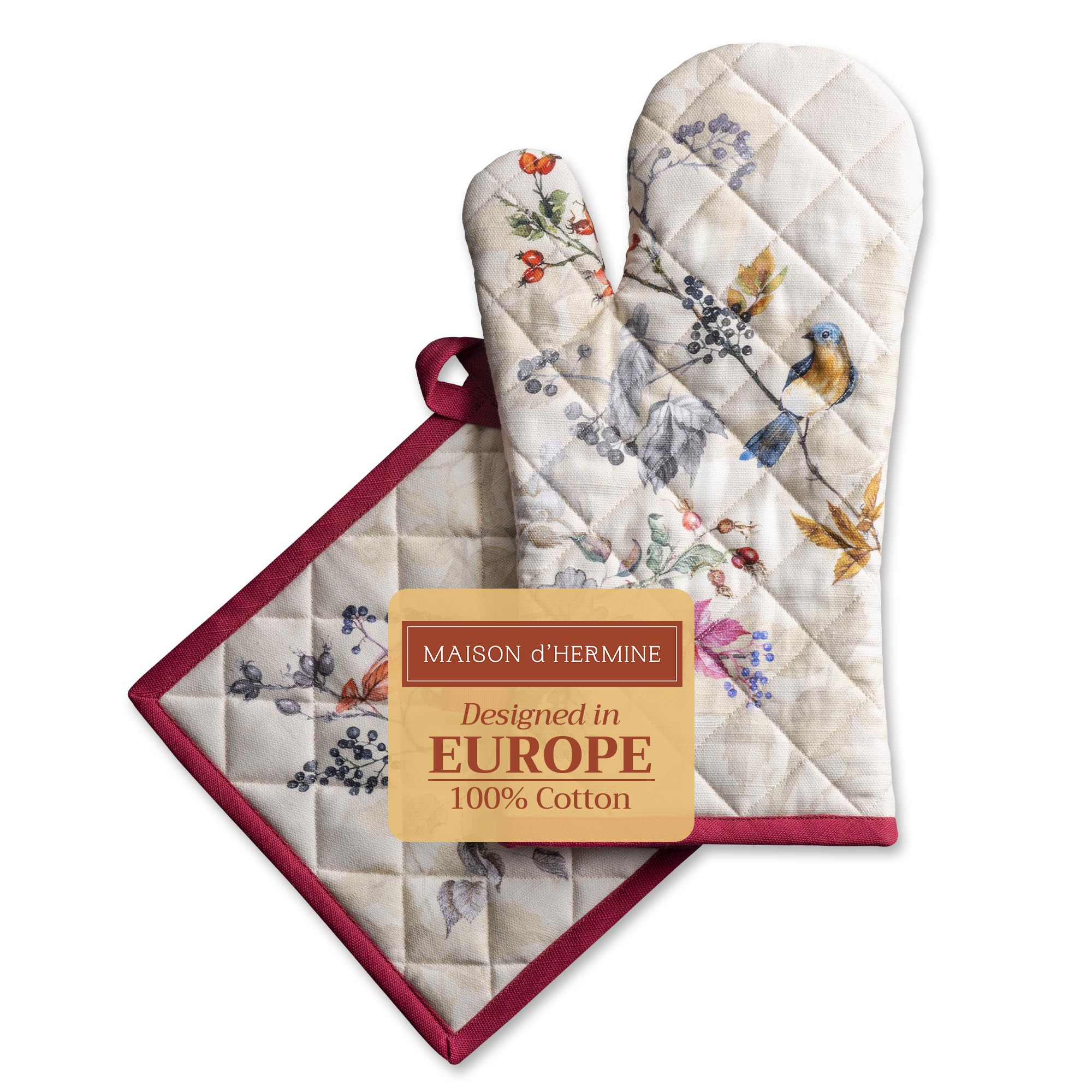 Maison d' Hermine 100% Cotton Oven Mitt & Pot Holder Set (19 x 33 cm & 20 x 20 cm) Heat Resistant BBQ Cooking Gloves with Loop for Christmas Decorations Baking Handling Hot Pans (Equinoxe - Beige)