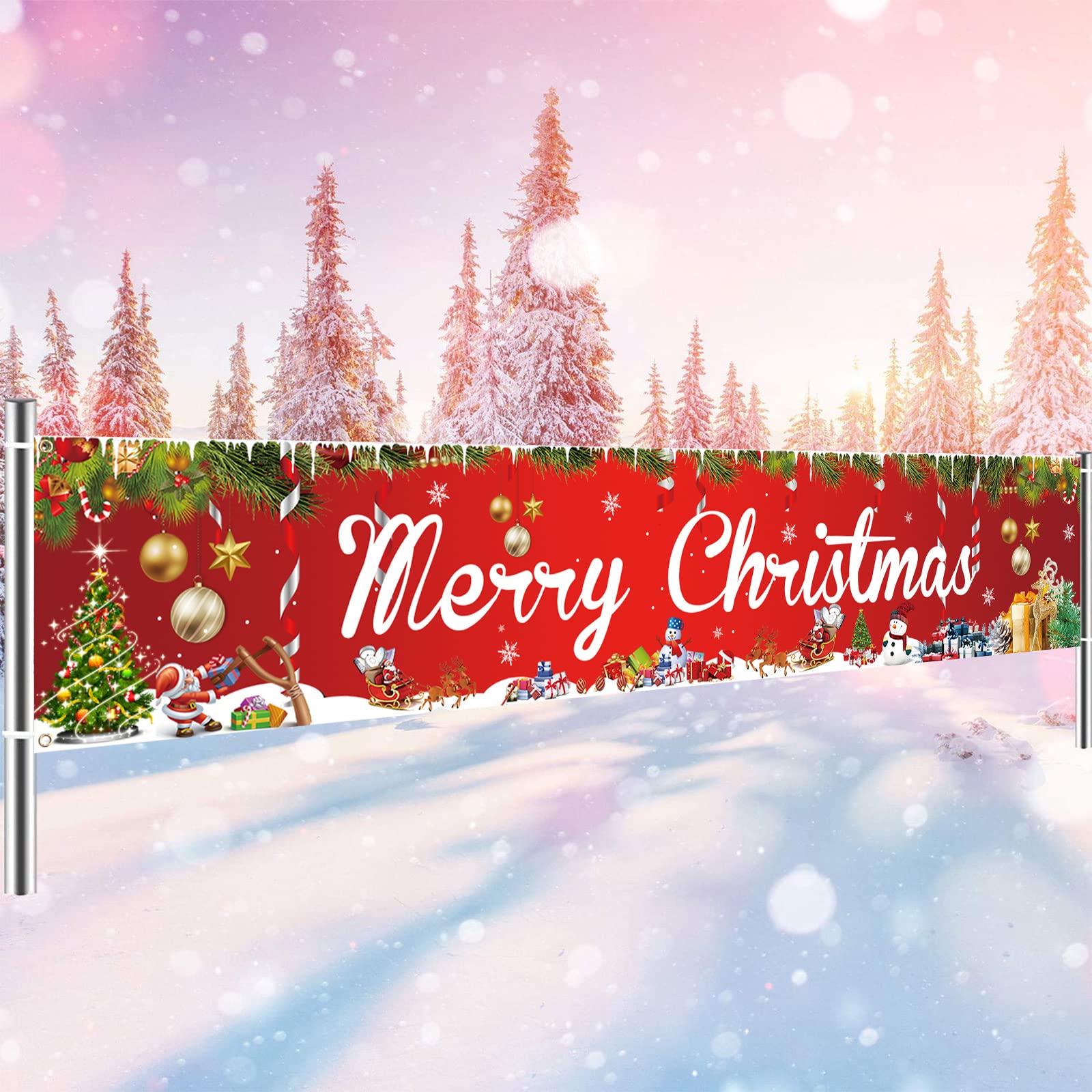 Red Christmas Banner, Outdoor Merry Christmas Party Decoration, Hanging Backdrop Banners, Xmas Party Yard Sign Decoration for New Years Winter Holiday Garden Wall Table Home Decor