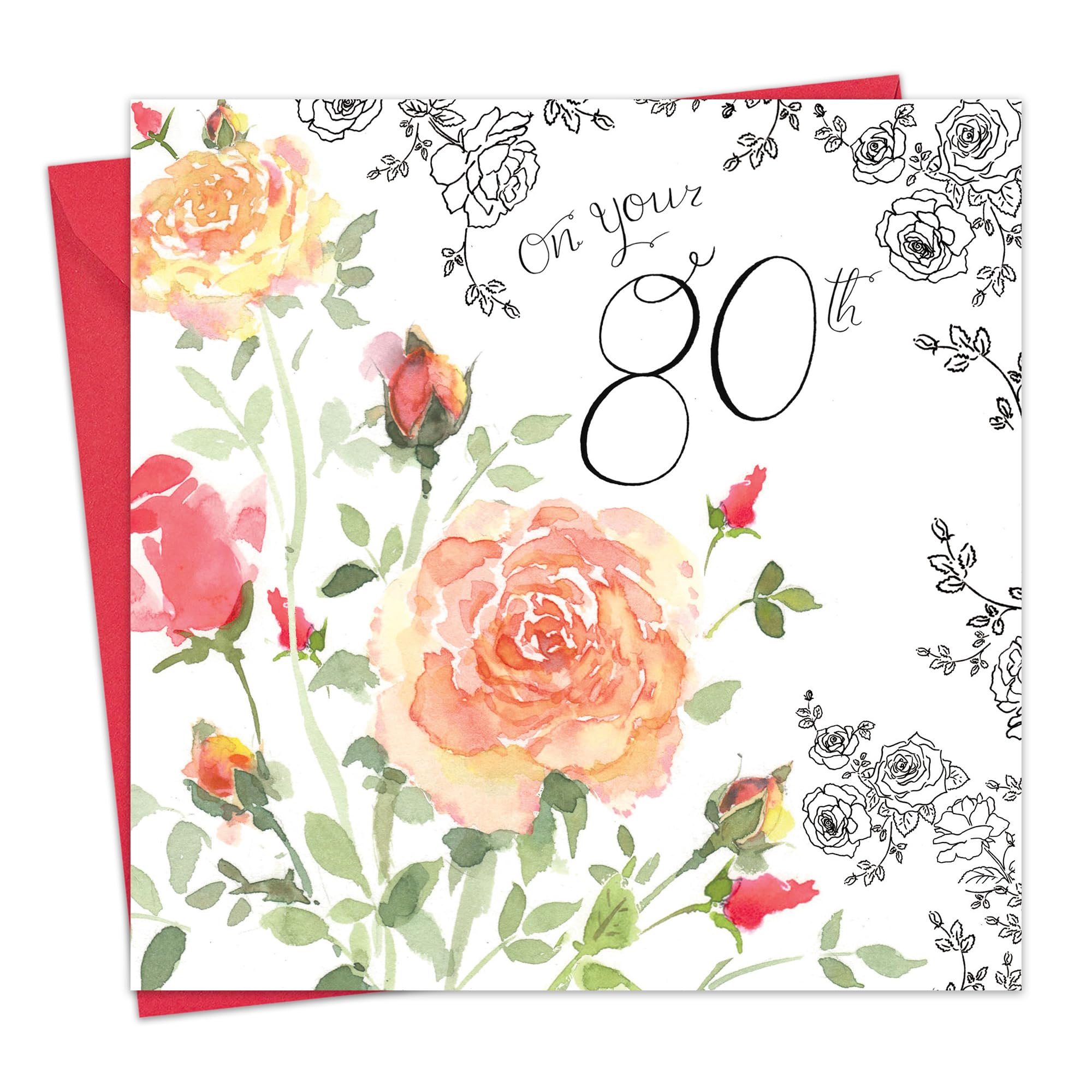Twizler 80th Birthday Card for Her with Watercolour Effect & Flowers - Womens Age 80 Year Old Happy Birthday Card for Female Ladies