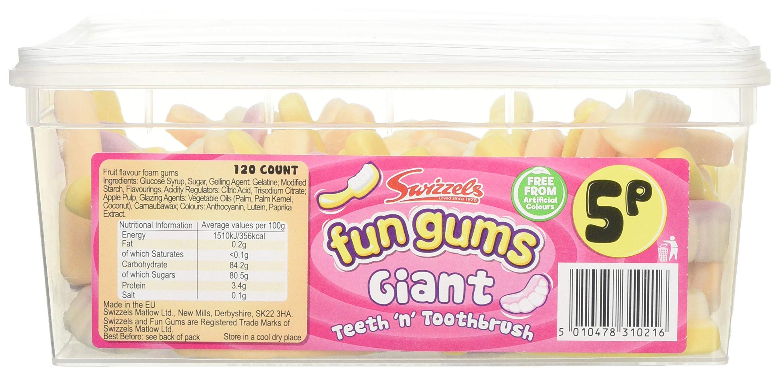 Swizzels Sweet Tubs, Giant Teeth and Toothbrush Gummy Foam Sweets, Fruit Flavour Sweet Gums, Sharing Tub of Sweets (120 Sweets Approximately)