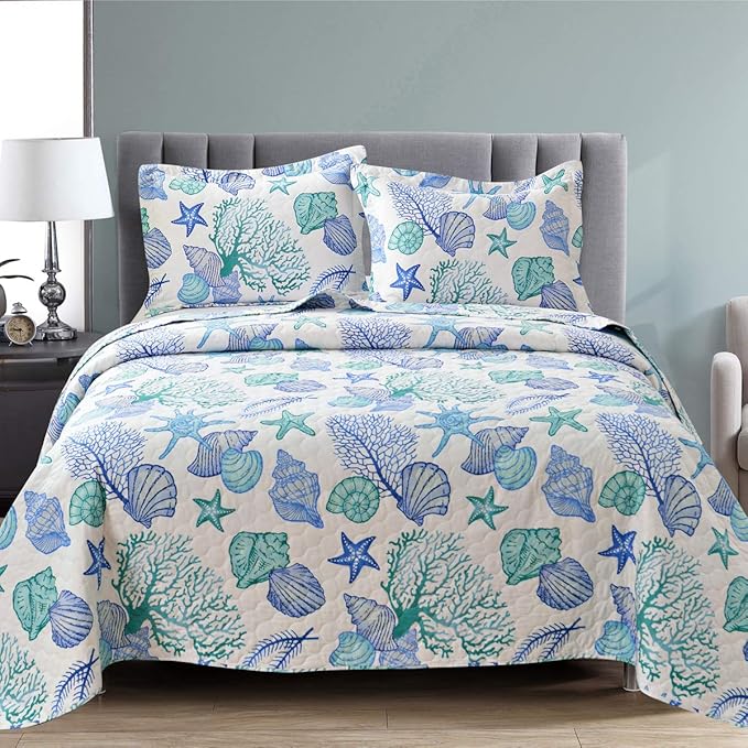3Pcs Lightweight Beach Bedspreads Reversible Ocean Bedding