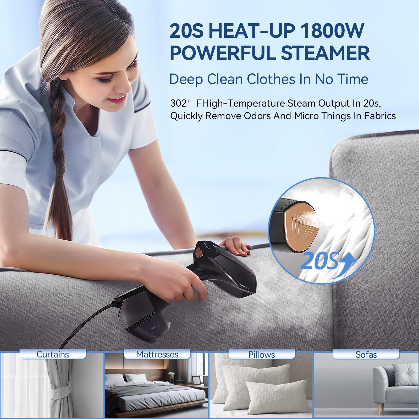Steamer for Clothes 1800W with 3 Steam Rate, VOUTOORO LCD Display Iron & Steamer 2-in-1, 20S Fast Heat-Up Handheld Garment Fabric Stamer Removable Water Tank for Home Travel