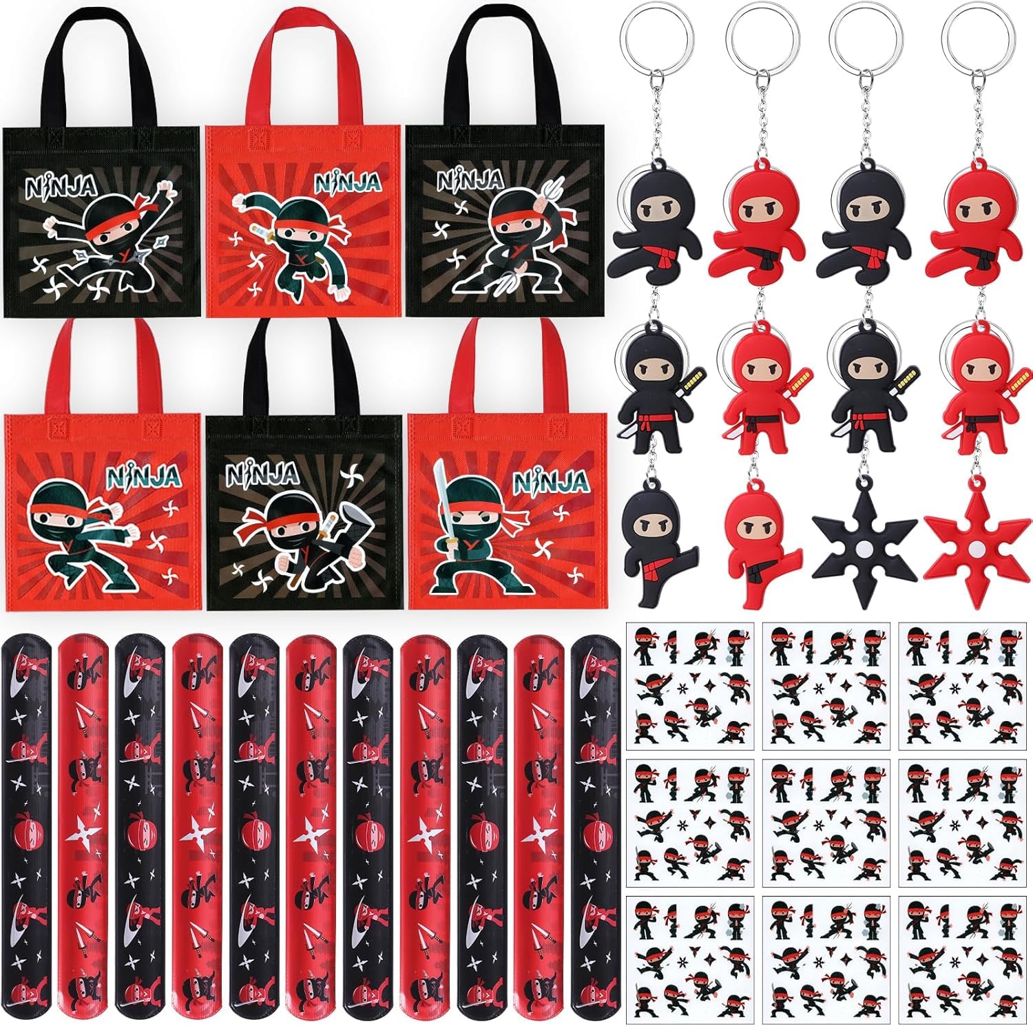 Toylink 48pcs Ninja Party Bag Fillers Ninja Party Favours with Ninja Slap Bracelets Keychain Non Woven Party Bags Tattoo Stickers for Kids Ninja Party Supplies for Kids