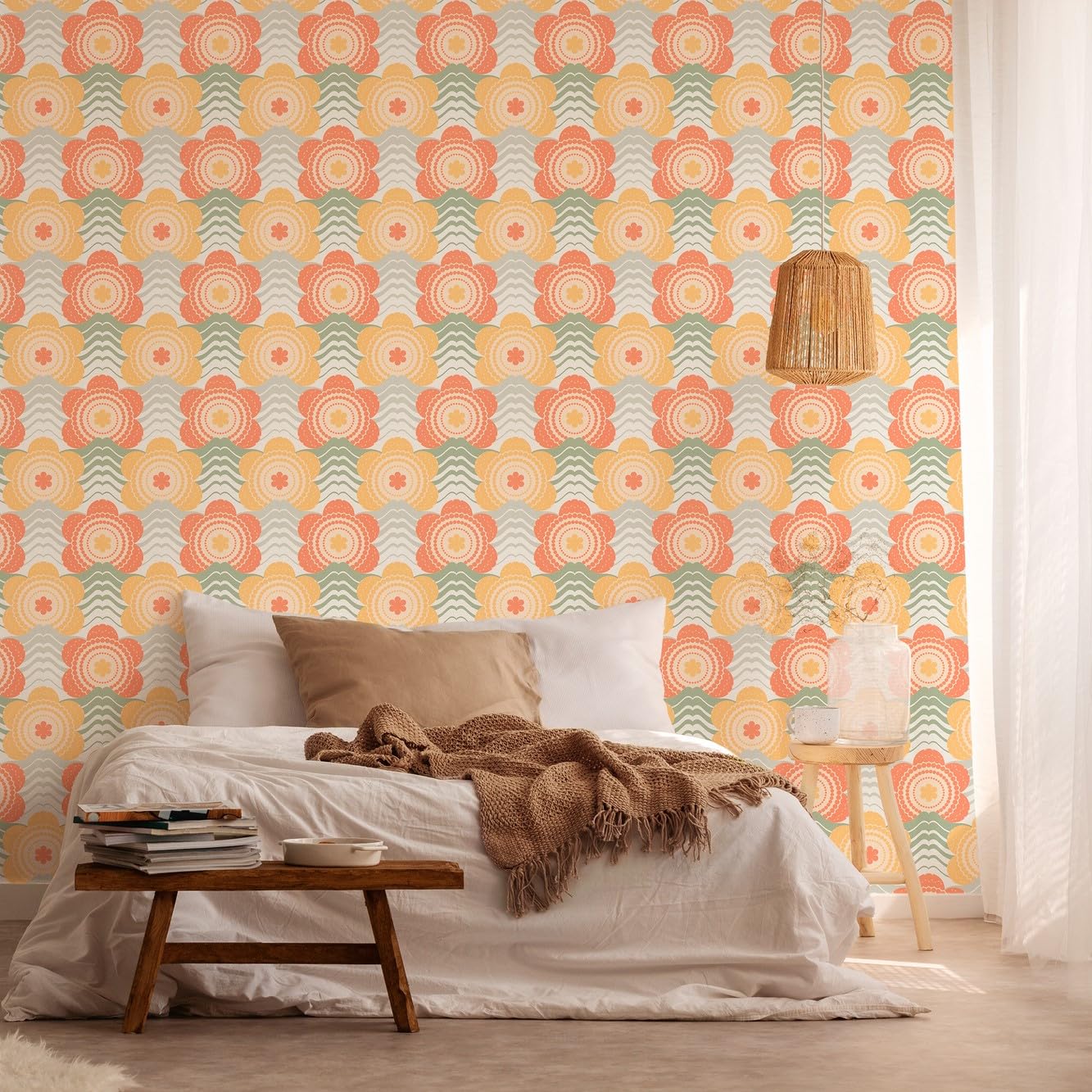 A.S. Création Retro 70's Floral Wave WallpaperOrange/Yellow/Green/Cream Retro Chic 395394 8.50m x 0.53m Paste The Wall