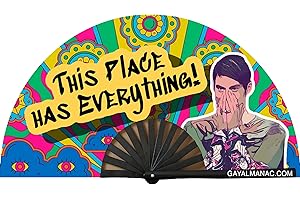 PandaTak Gay Pride Folding Hand Fans, Funny Large 13" Bamboo Fan with UV Reactive Ink, for LGBTQ Circuit Parties EDM Festivals and Raves (This Place Has Everything Stefan)