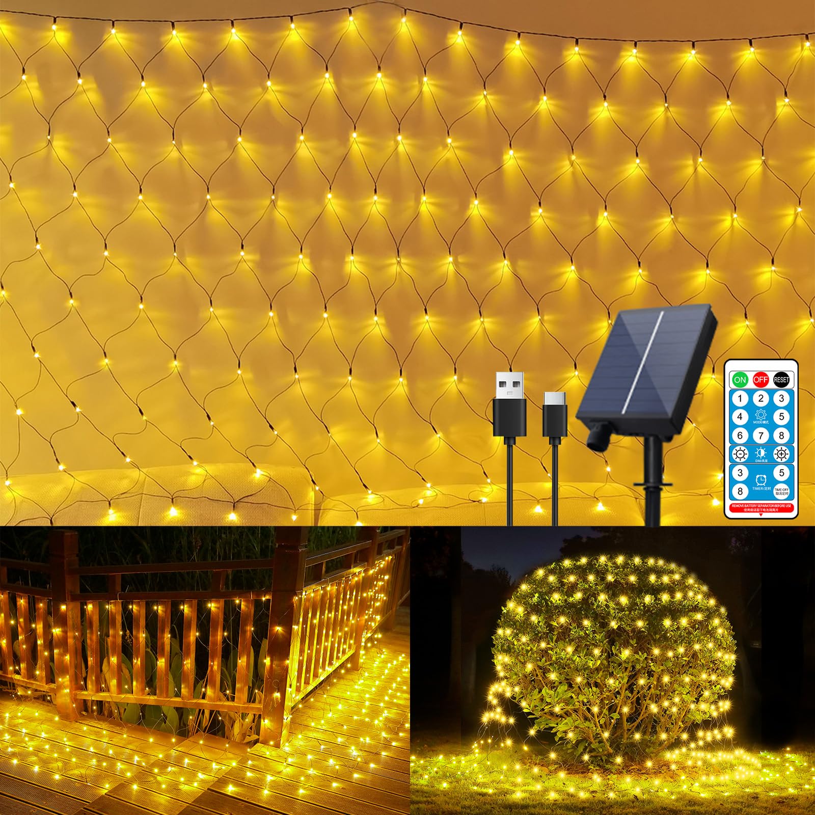 Photo 1 of 11.5ft x 5ft Solar Net Lights Outdoor, Solar & USB 2 Power Way 240 LED Waterproof Mesh Lights for Bushes, Remote Control 8 Modes String Light Trees Patio Garden Christmas Indoor Decor (Warm White)