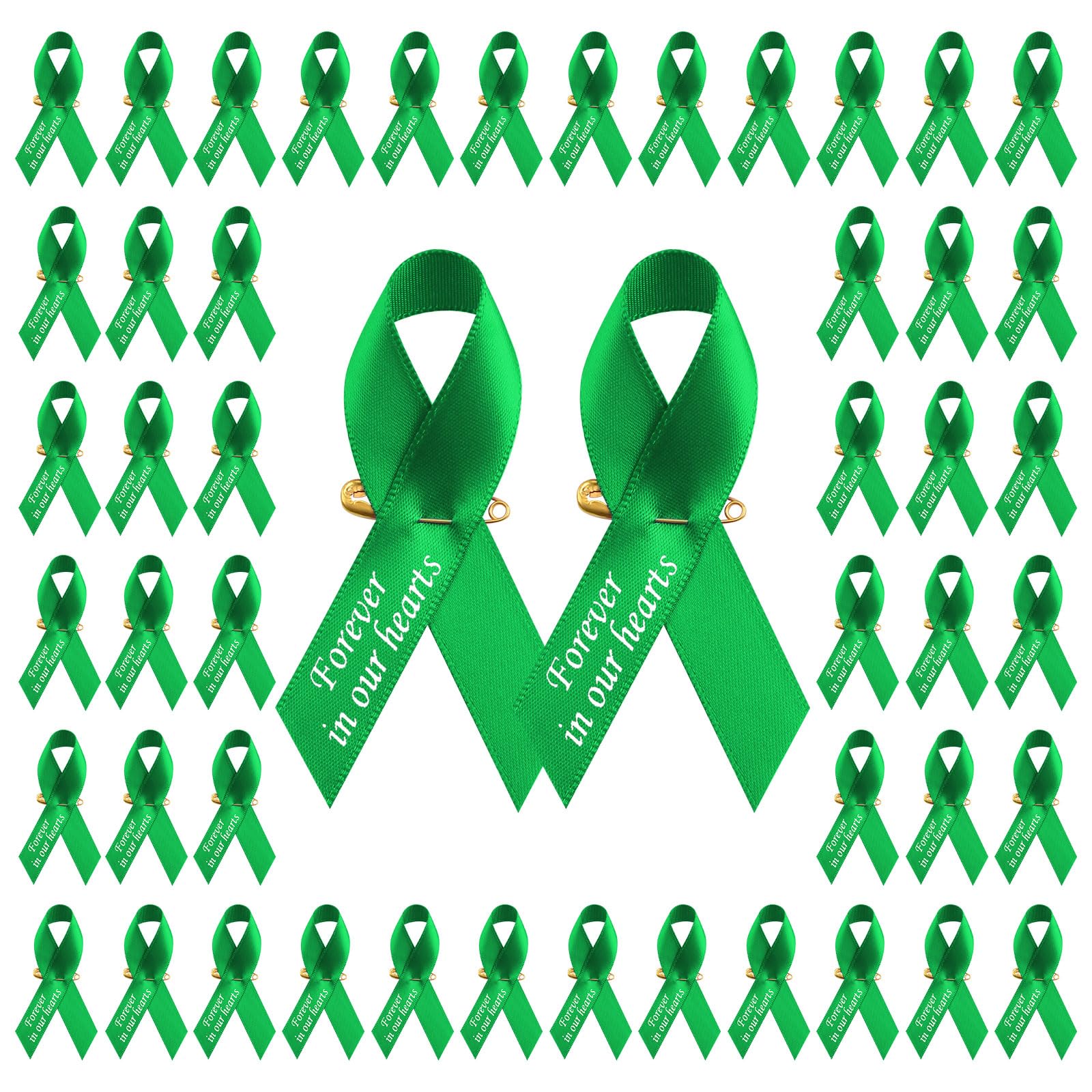 CRAFFANCY 100 PCS Green Satin Ribbon Pins, Memorial Ribbon Brooches in Forever in Our Hearts for Funeral Mourning Event Bereavement Remembrance — image 1