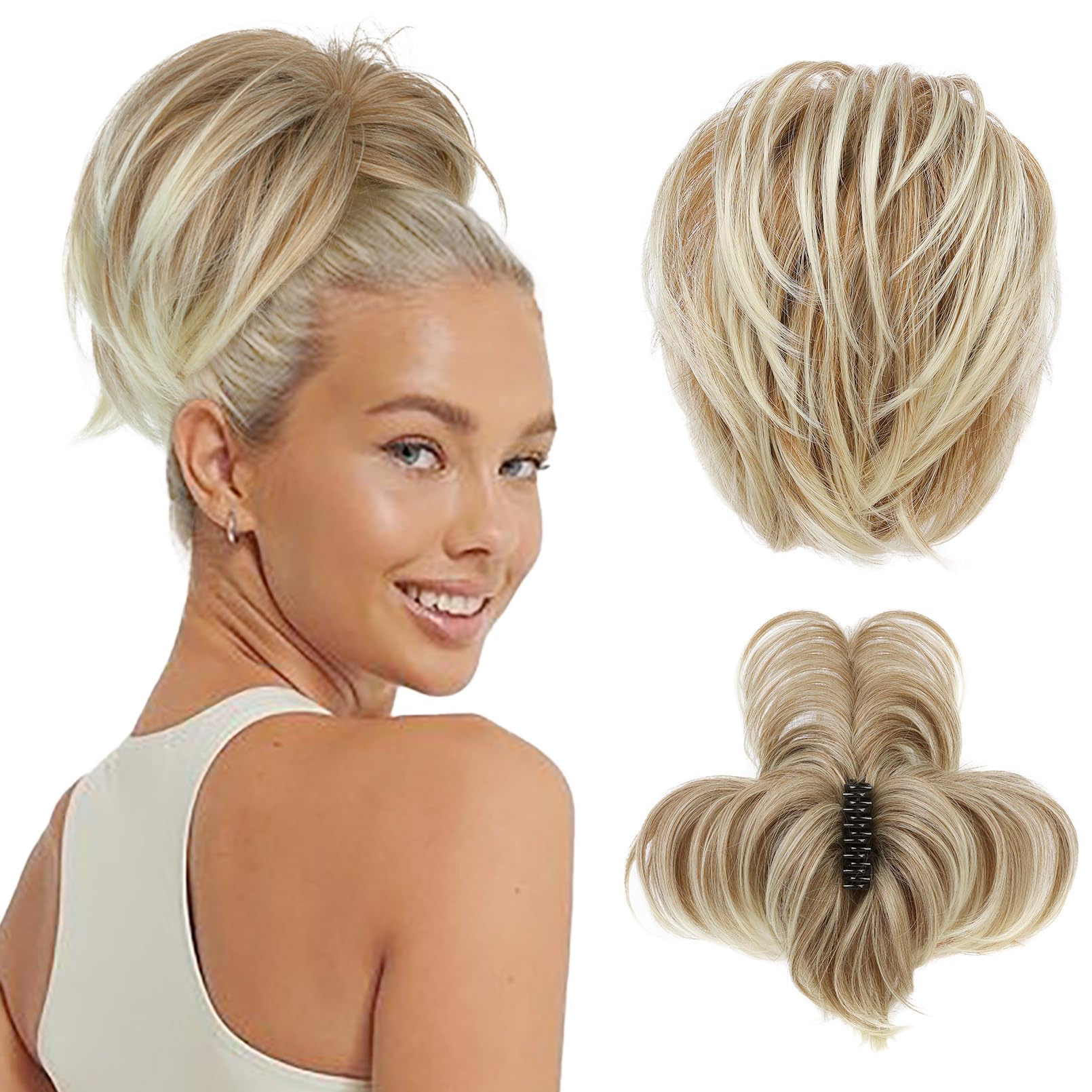 REECHO Hair Bun, Claw Clip Messy Bun Hair Piece Short Ponytail Extension with Bendable Metal Wire Fake Bun Hair Pieces for Women - Dark Blonde with Golden Blonde Tail — image 1