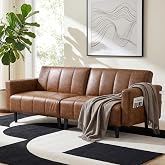 GULFXDS 83" Mid Century Modern Faux Leather Sofa, Brown Leather Futon Sofa | Leather Sleeper Sofa with Adjustable Backrest, Side Pockets, Breathable &amp; Waterproof Fabric, Living Room, Apartment, Office
