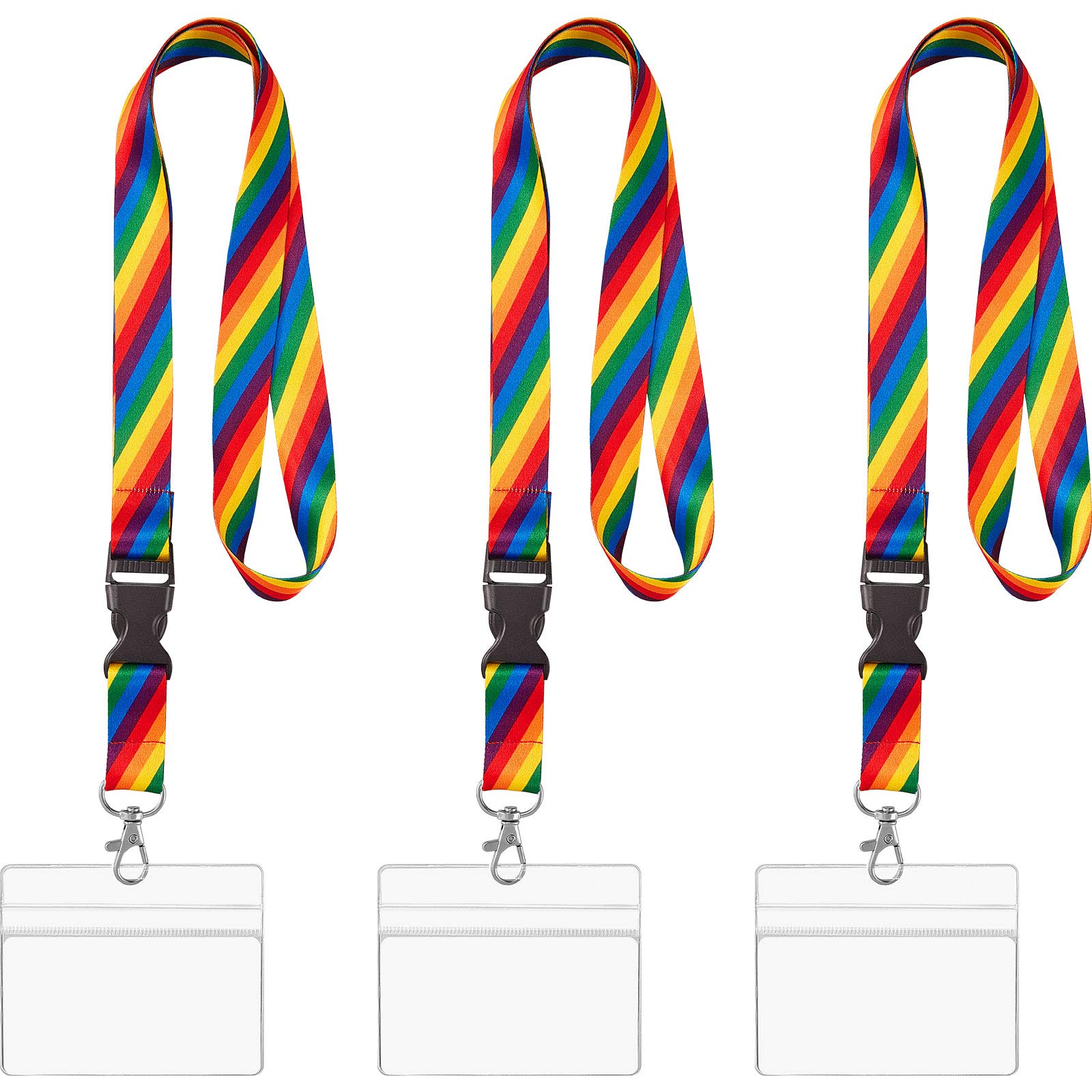 3 Set Rainbow Key Lanyard and ID Cards Holder Set, Colorful Neck Strap Safety Lanyards with Swivel Metal Clip and Transparent Badge Holder for Keys ID Cards Tickets