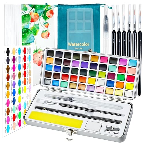 APOGO Watercolour Paint Set, 50 Colours in Portable Box, Art Supplies for Adults/Kids, Travel Watercolour Set with Watercolour Papers, Brushes and Tools, Idea for Beginners, Artists and Hobbyists