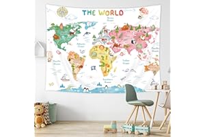 Riyidecor Kids Map Tapestry 59Wx51H Inch World Cartoon Animal Cute Educational Geography Learning Tools Colorful Continents Wildlife Wall Hanging for Boys Girls Home Dorm Decor Art Living Room Bedroom