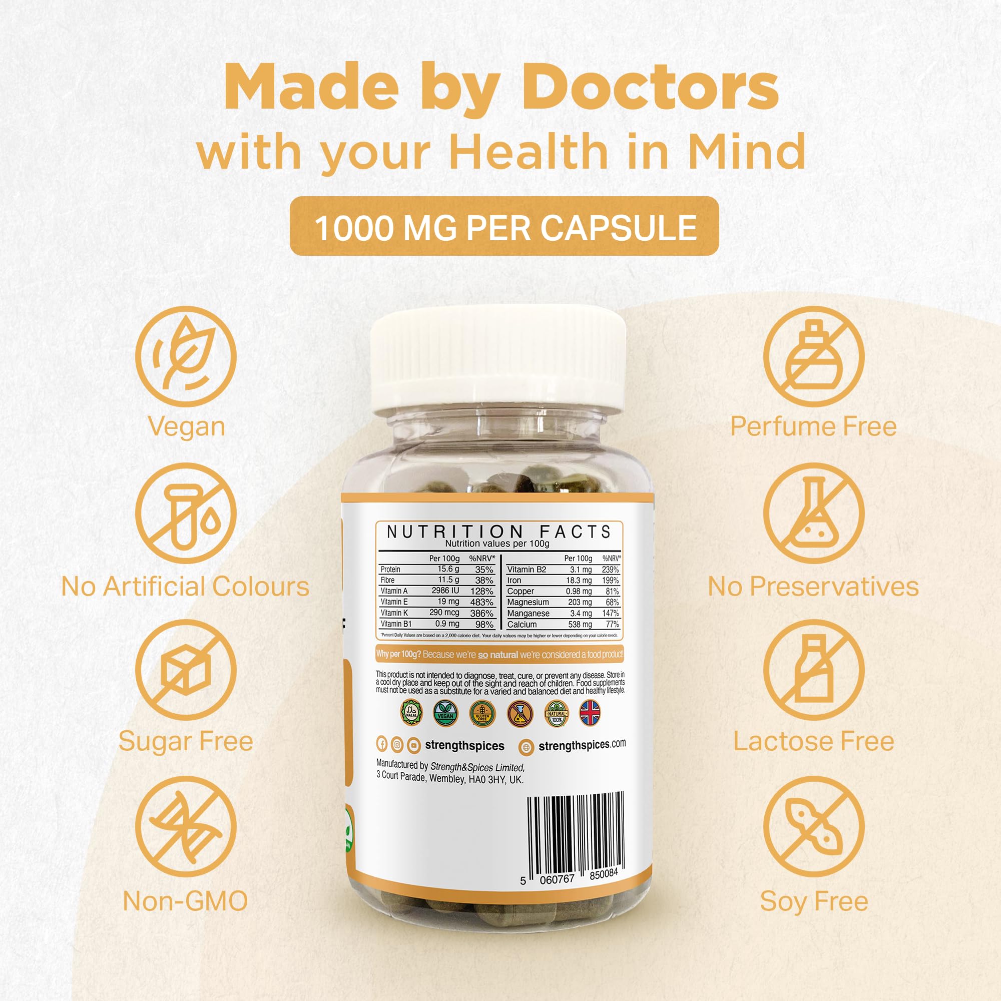 Strength & Spices Psoriaskin Supplement, Immune System Booster with 31 Powerful Ingredients and Amino Acids, Soothes Red, Flaky Skin, 1000 mg, 60 Vegan Capsules