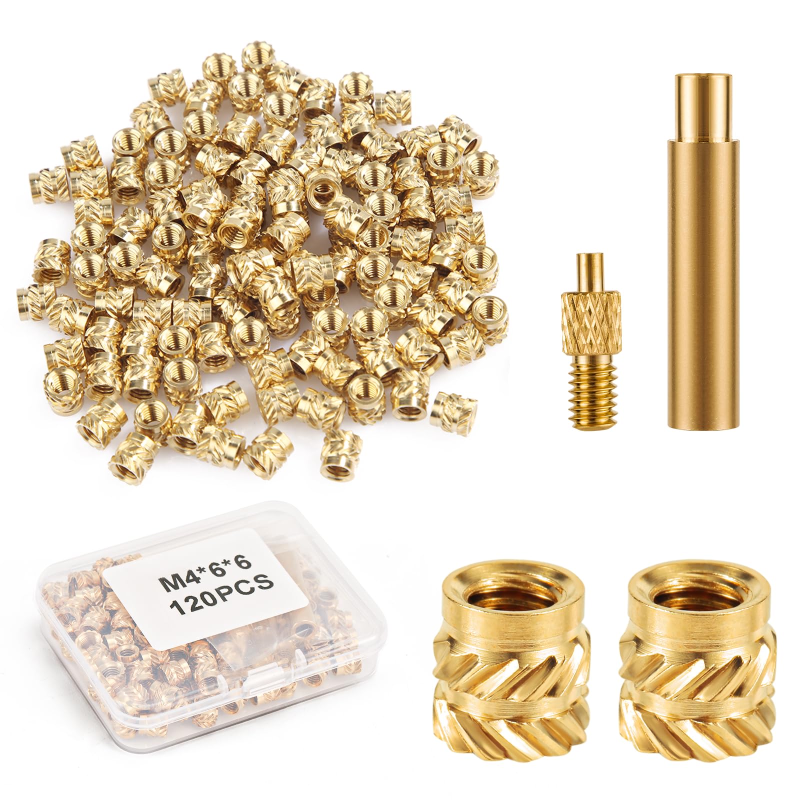 120pcs 3D Printing Brass Knurled Nuts, M4x6x6mm Threaded Inserts Heat Set Insert Tip for M4 & 1 Welding Adapter Heat Embedment Nut Printing Accessories Compatible with Weller SP40NUS and T18 Irons