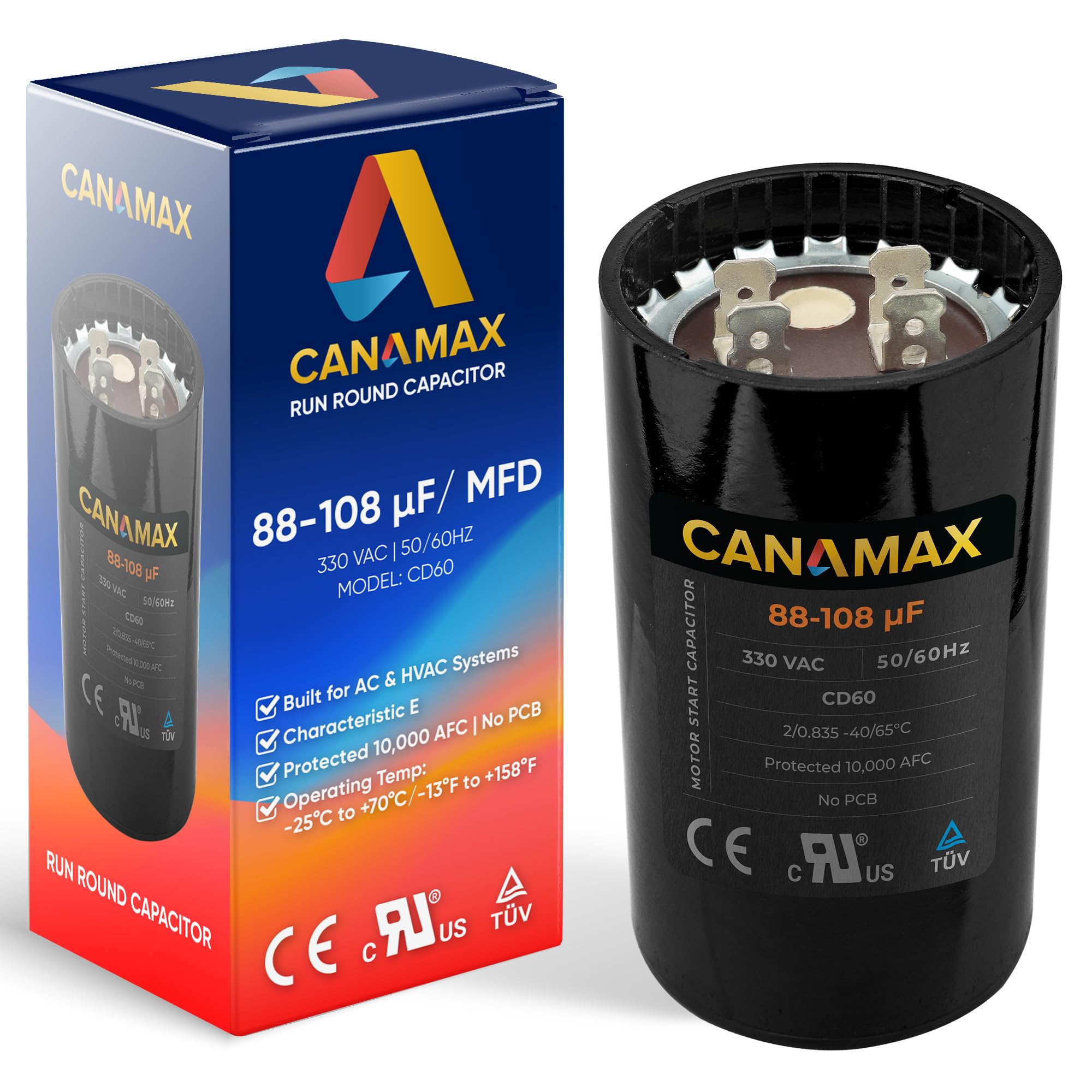 Photo 1 of [Upgraded 2025] Canamax Premium 88-108 uf/mfd 330VAC Volts Round Motor Start Capacitor 50/60 Hz AC Electric - Compatible with AC Motor Run or Fan Start and Cool or Heat Pump Air Conditioner