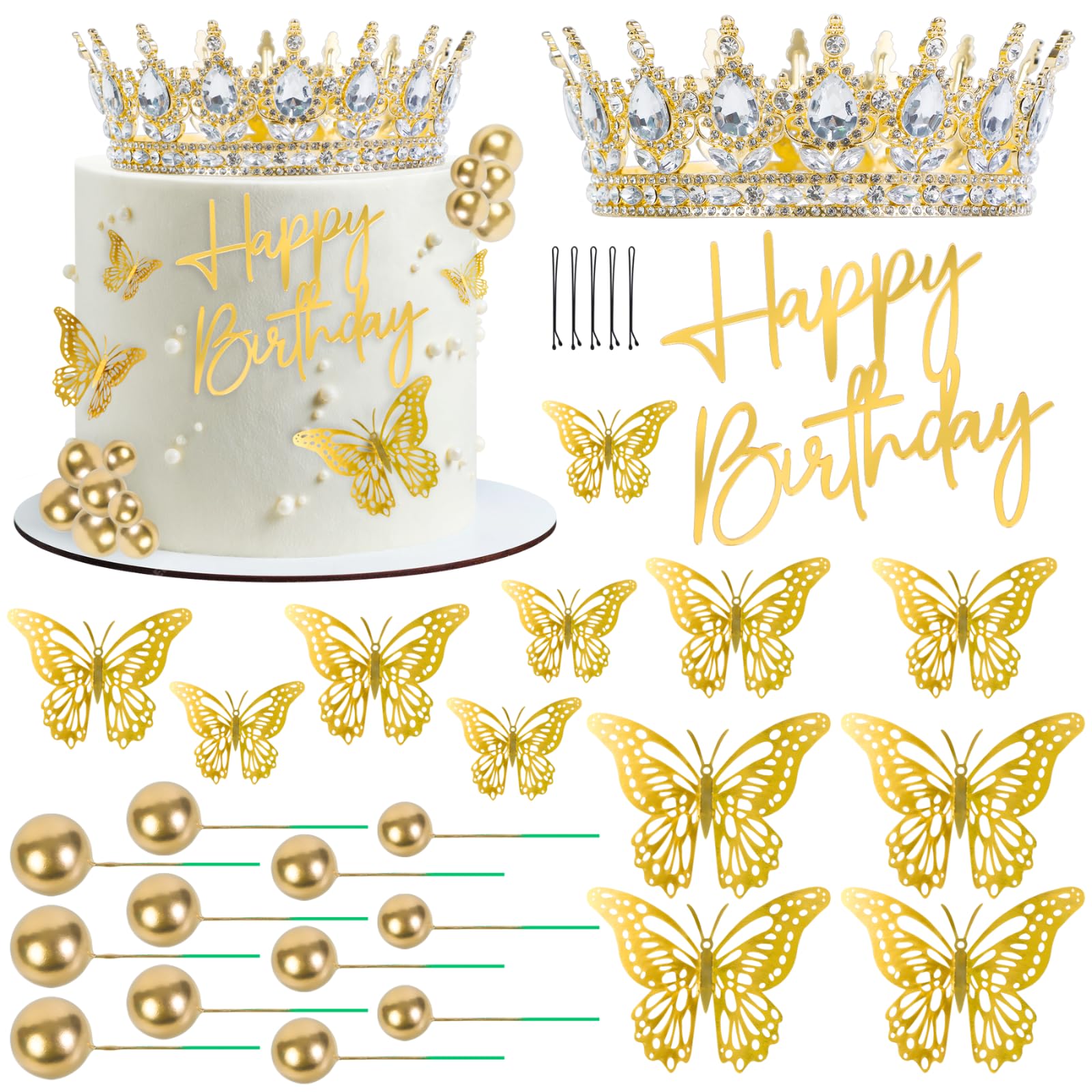Ucatcher Crown Cake Topper Gold Happy Birthday Cake Toppers Crown Balls Butterflies Corona para Pastel Cake Decorations for Women Princess Queen Wedding Party Decorations