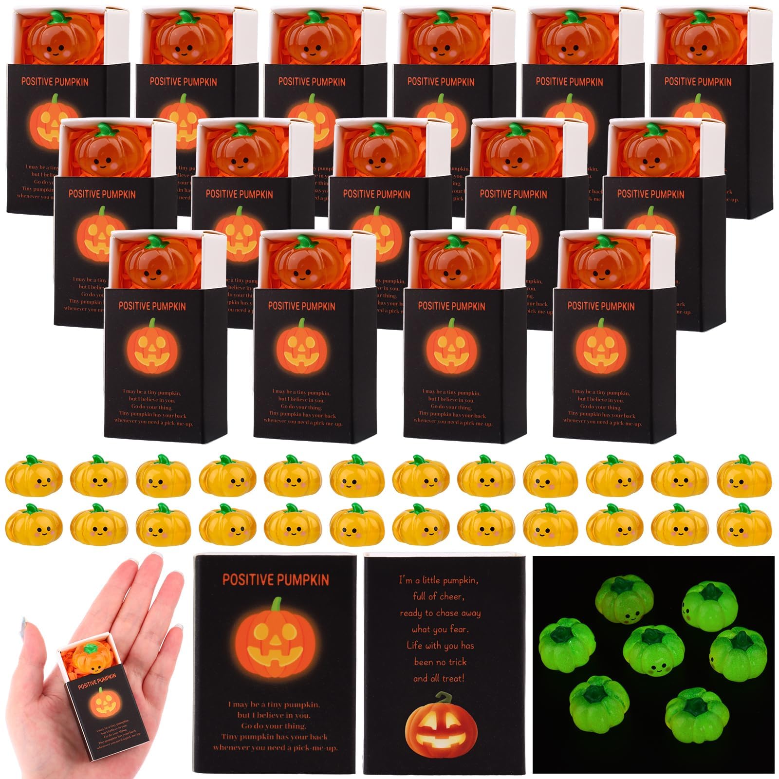 Photo 1 of 36 Sets Halloween Positive Pumpkin Gifts Mini Luminous Pumpkin Figurines with Positive Gift Boxes Thank You Emotional Support Figurines for Halloween Pumpkins Party Favors Fall Pumpkins Party Favor