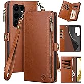 XcaseBar for Samsung Galaxy S22 Ultra Wallet case with Zipper Credit Card Holder【RFID Blocking】, Flip Folio Book PU Leather Phone case Shockproof Cover Women Men for Samsung S22Ultra case Light Brown