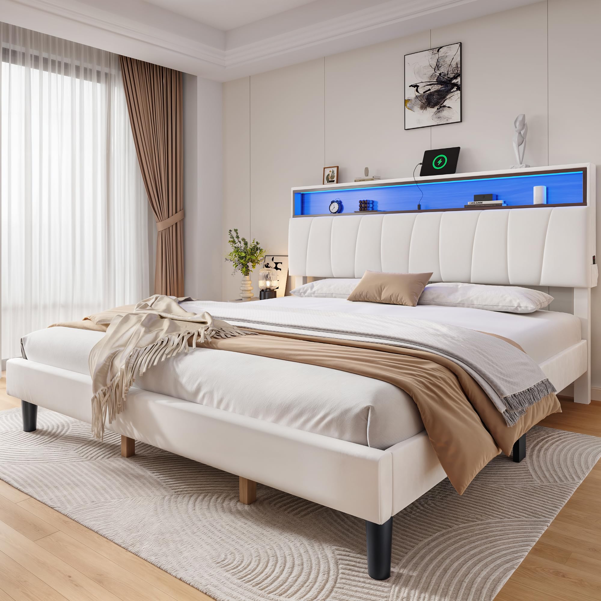 Photo 1 of *Major Damage* DWVO King Size Bed Frame with Storage Upholstered Velvet Headboard, LED Lights, Outlet & USB Ports, No Box Spring Needed, Easy Assembly (Beige)